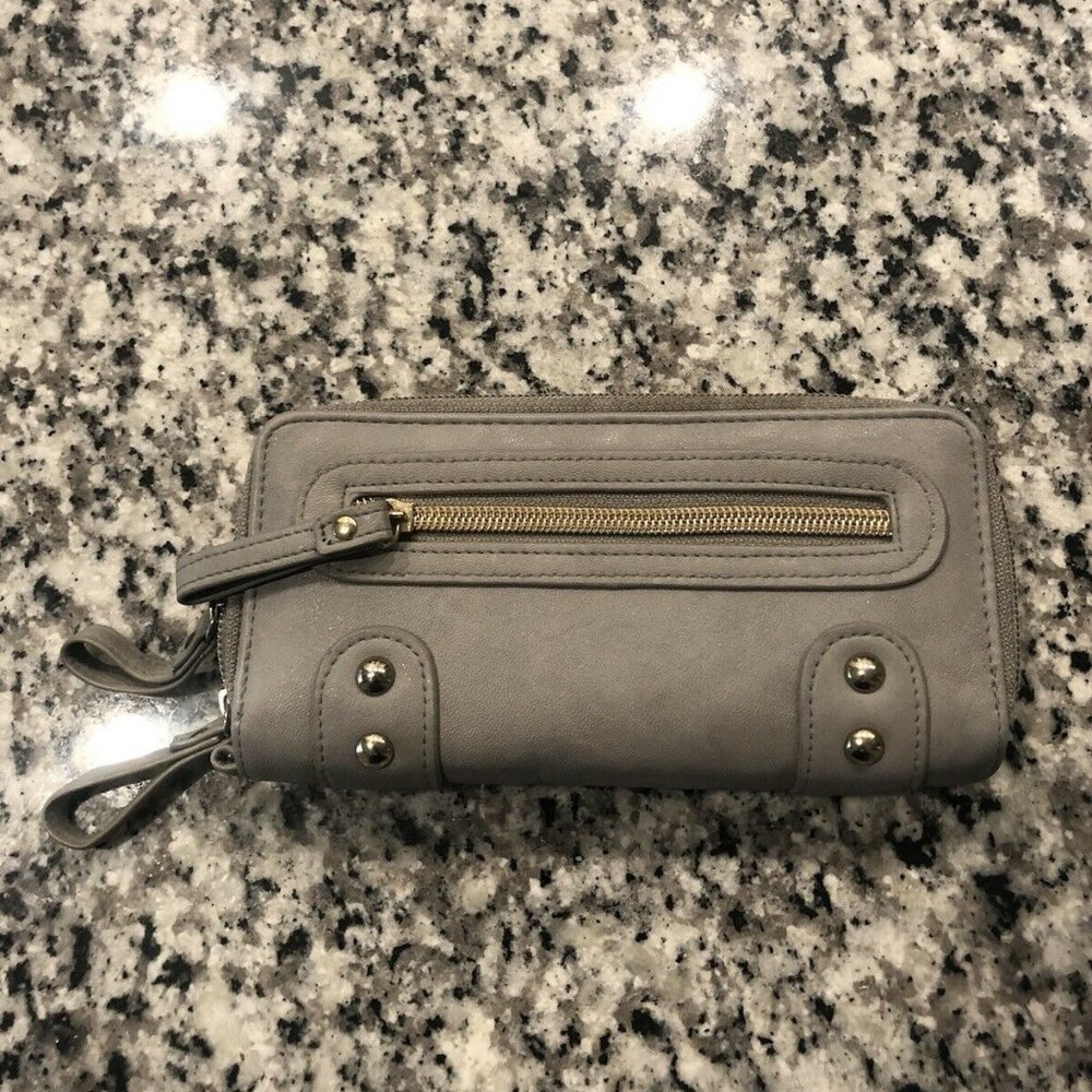 Gray Leather Wallet Clutch Purse